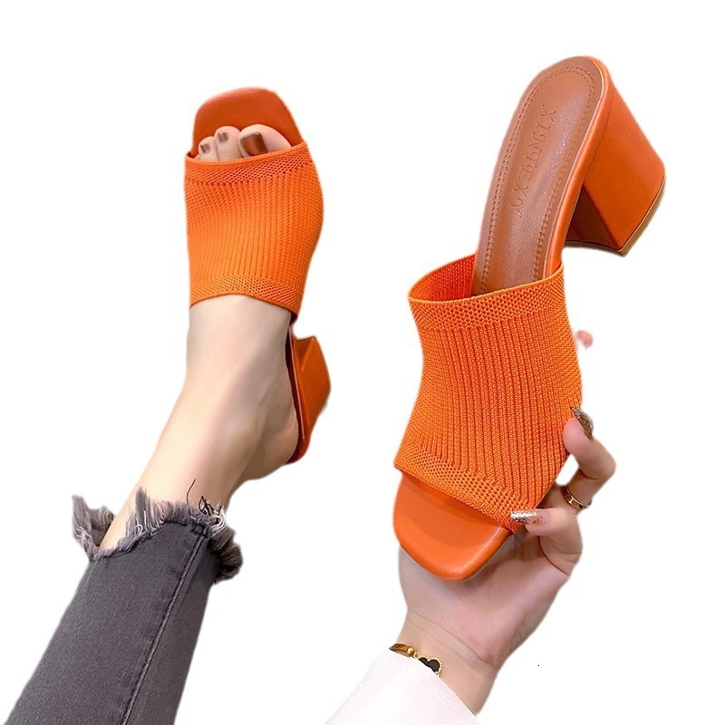 designer 2025 European and American New Fashion Women's Shoes Fashion One-Strap Thick Heel Knitted Wool High Heel Square Toe Sandals