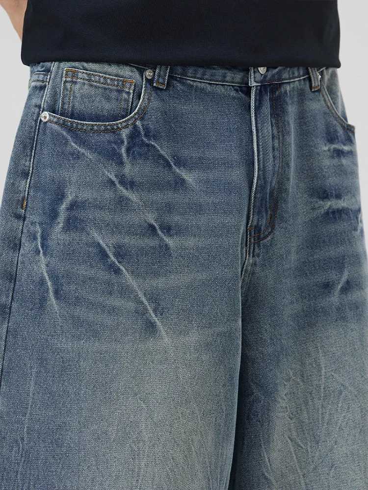 New Summer Oversized Wide Shorts Men Lightning Cracked Loose Y2k Jeans Washed Streetwear Trendy Baggy Calf-length Denim Pants T250603