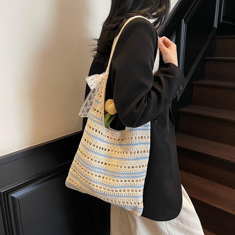 designer Casual Large Capacity Bucket Bag for Women 2025 Summer New Knitted Hollow Underarm Bag Striped Versatile Commuter Shoulder Bag