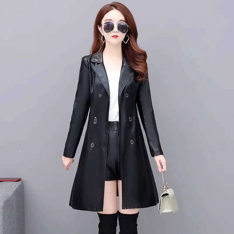 2024 Autumn Winter Chic Leather Jacket Women's Overcoat High-End Fashion Mid-Length Slim Korean Sheepskin Windbreakers Coat Tops