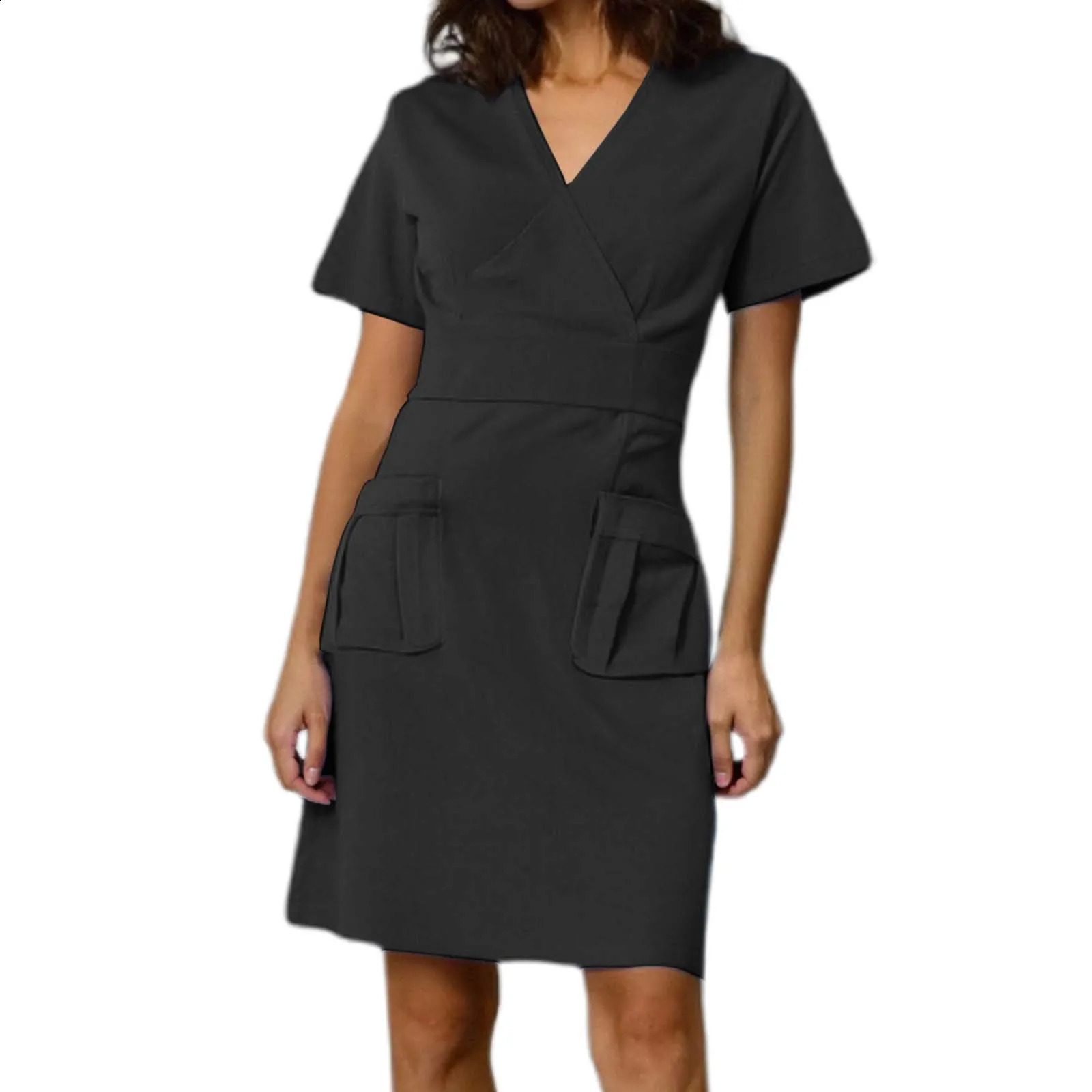 Nurse Uniform Women Working Black Dress Short Sleeve V Neck Pharmacy Nursing Scrubs Dress Women Beauty Salon Dresses 250519