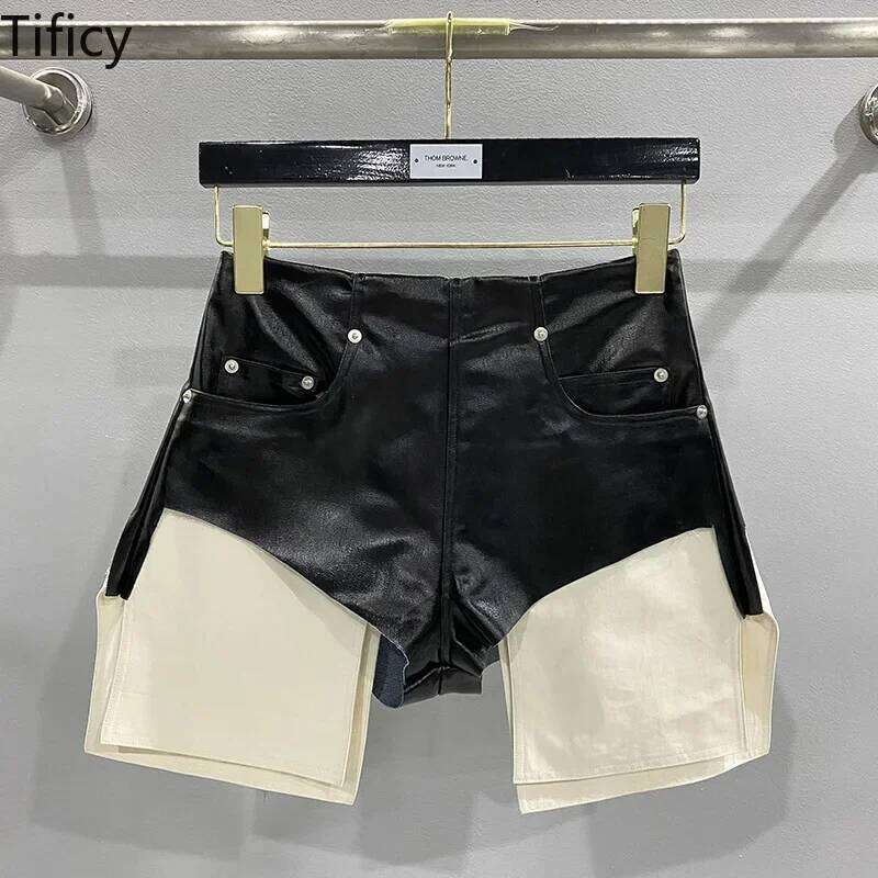 TIFICY Street Women's New High Waisted Zipper Shapewear Denim Coated Flat Corner Pocket Color Blocked Shorts