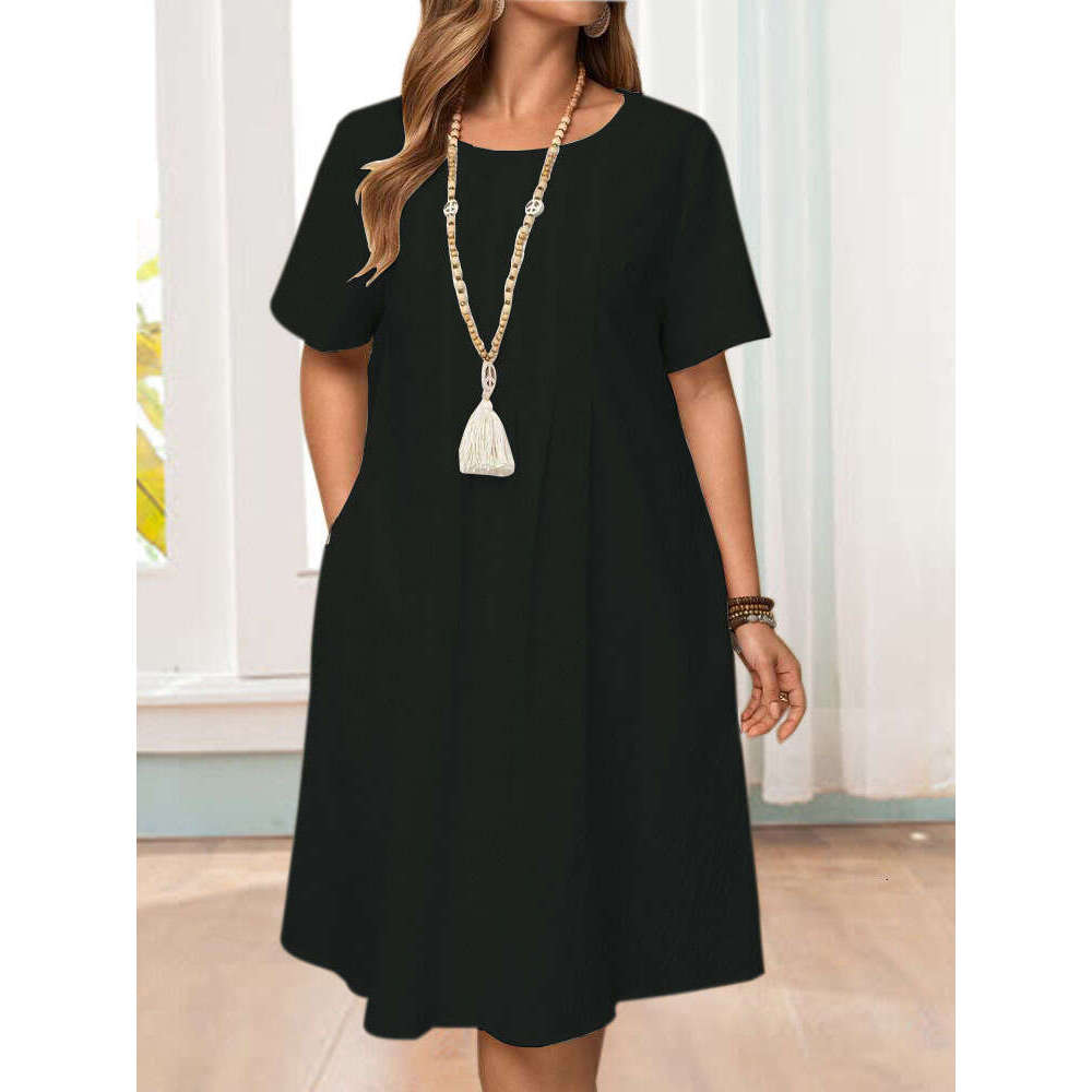 Spring Summer Loose Pocket Solid Color Round Neck Women's Cotton Linen Dress B5 b6