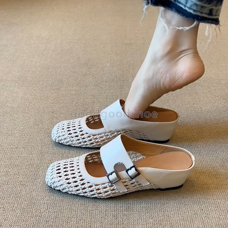 designer sandals retro heels half slippers women square head woven breathable hollowing sandal black white sandale elegant daily walk med heel women s