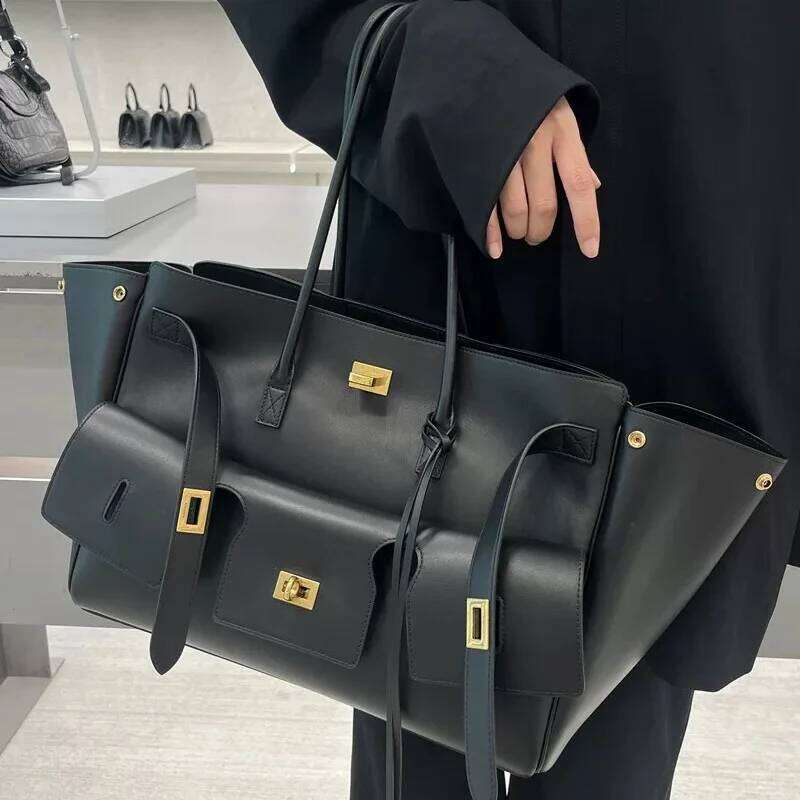 high quality Leather Women's Cool Motorcycle Platinum Square Buckle Simple Versatile Large Capacity Travel Underarm Tote Bag