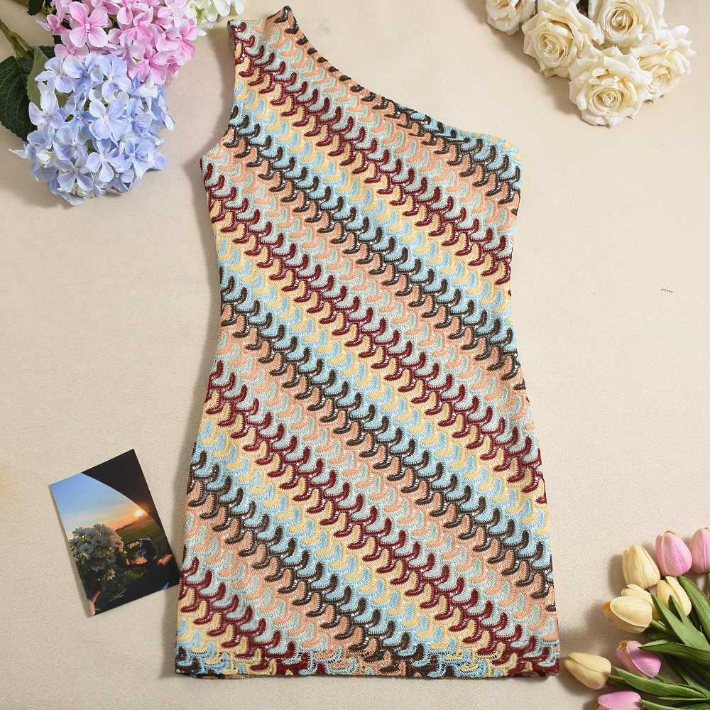 Rainbow Knitted Slant Shoulder Mini Dress Women Sexy Sleeveless Waist Hugging Tight Short Dresses 2025 New Summer Party Vestido