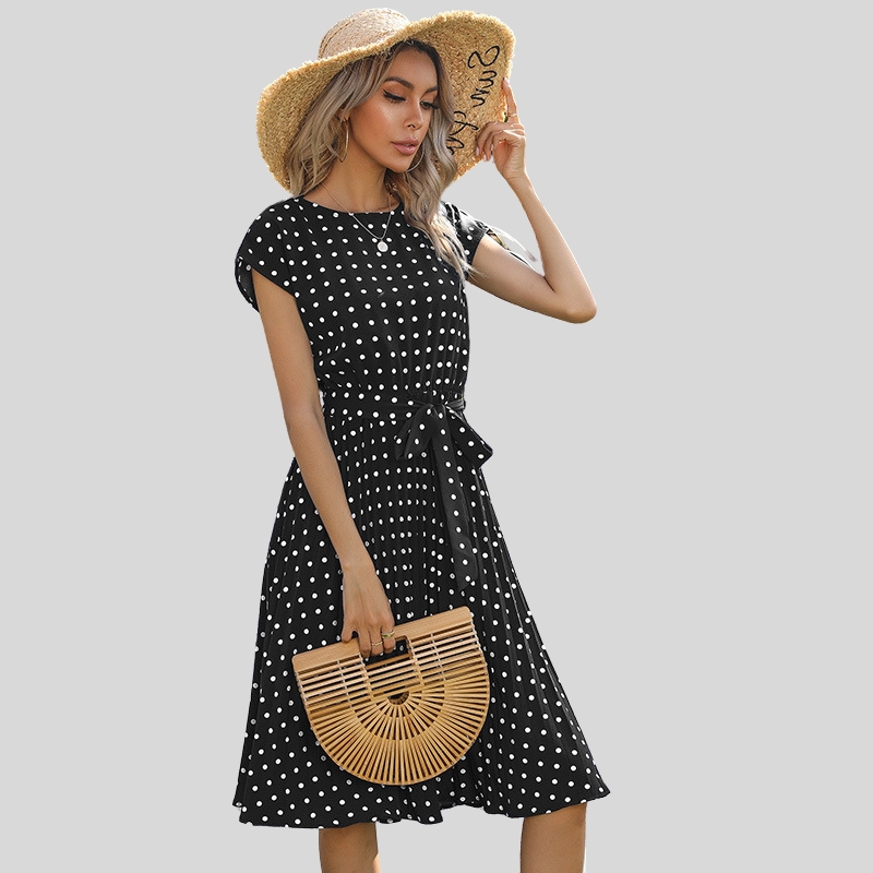 New summer hot-selling European and American medium and long dresses retro elegant short-sleeved polka dot pleated dresses