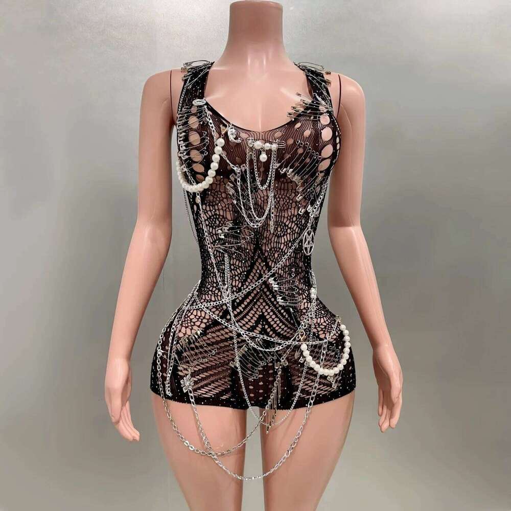 Sexy See-Through Bodysuit Dancer Performance Costume Nightclub Bar Singer Birthday Evening Party Black Sheath Mini Dress