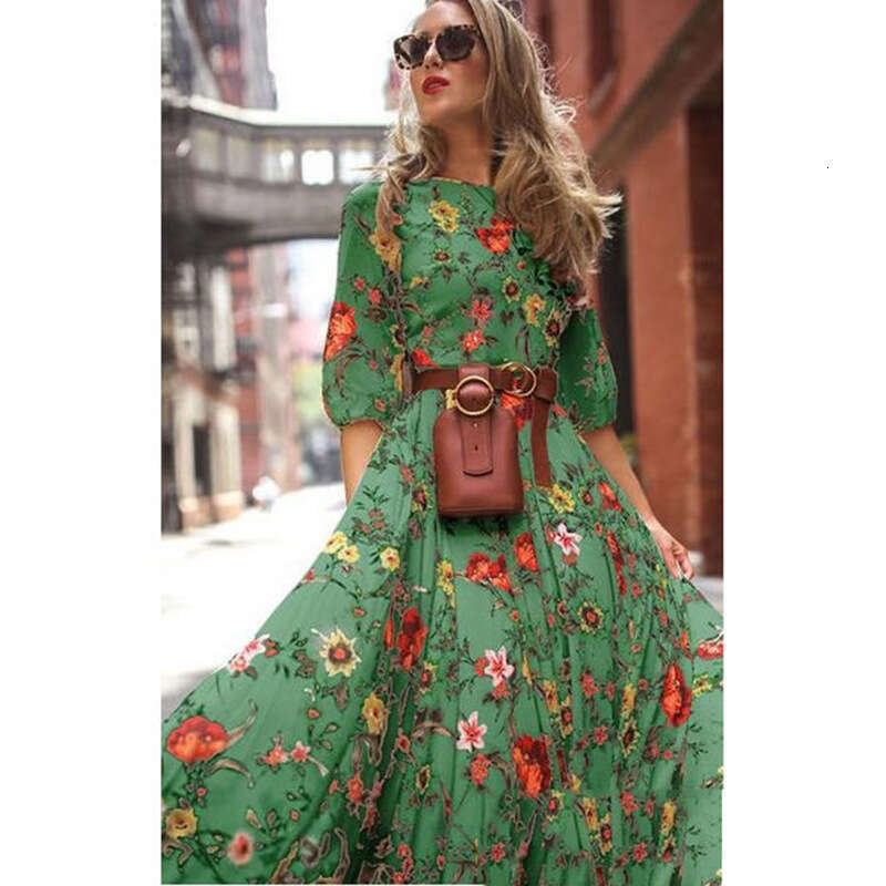 Spring New Women's Printed Flared Slim Fit Fashion Long Dress B5