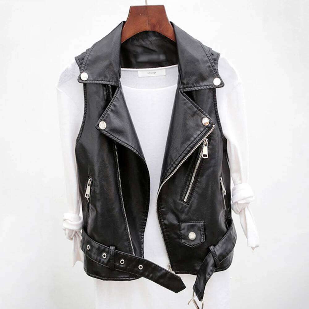 Short PU leather sleeveless Biker Jacket Cool Tank Top V-Neck Outer Wearing Vest Tops