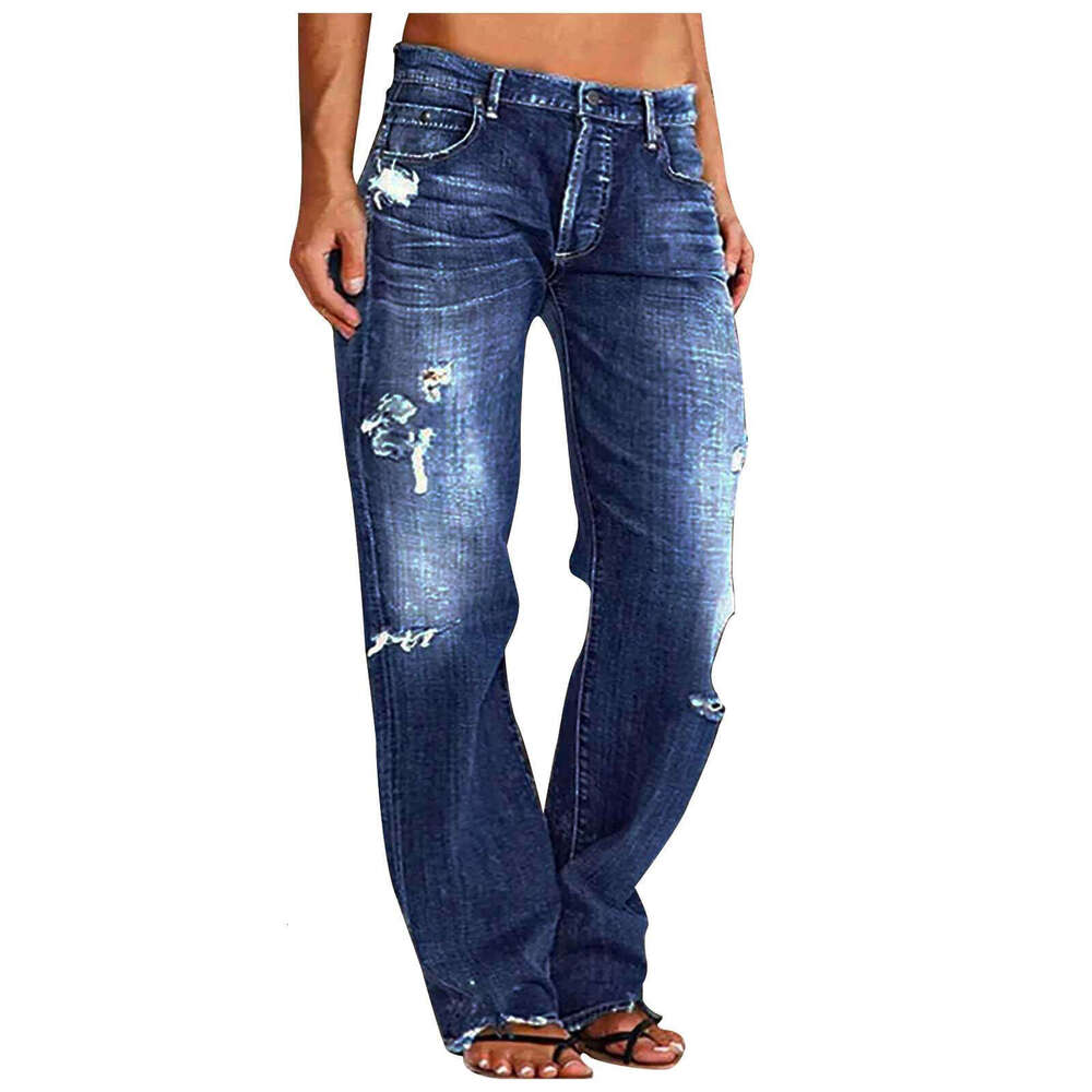 Women's Denim Trendy Distressed Mid-Waist Ripped Casual Straight Long Pants B5