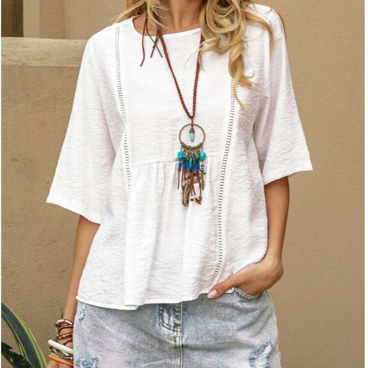 Spring Summer Temu Lace Hollow Out Women's Cotton Linen Casual Solid Color Mid-Sleeve Shirt B5 b6