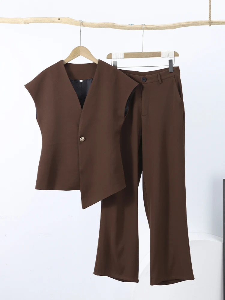 Womens Trouser Suit Solid Single Button Blazer High Waist Wide Leg Pants Female Suits 2025 Spring Summer 2 Pieces Outfits 250530
