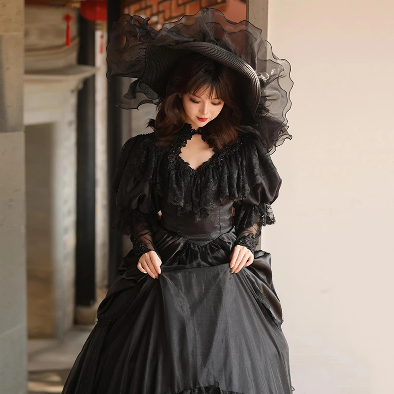Vintage Princess Black Flower Lace Long Puff Sleeve Ruffles Ball Gown Lace Up Gothic Style Customized Wedding Dress