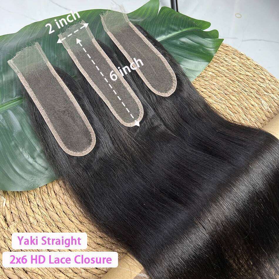 Yaki Straight 2x6 Real HD Closure Human Middle Part Bleached Knots Invisible Lace #1B Natural Color Raw Virgin Hair