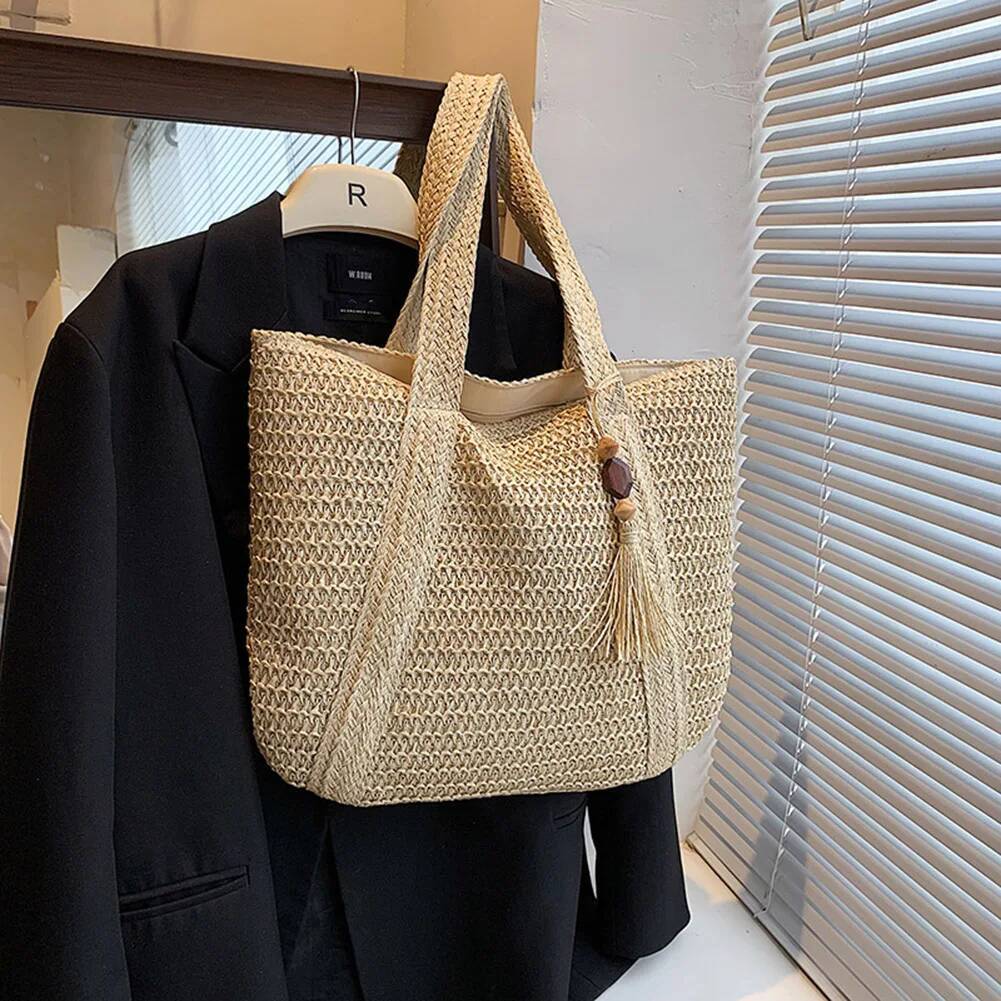 2025 New Handmade Woven Handbag Summer Designer Women's Woven Bag Fashion Handmade Simple Large Capacity Tassel Pendant Shopping Handbag Handbag 
