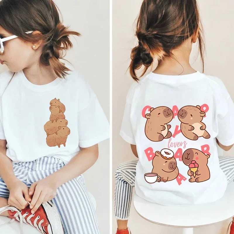 2025 Hot Sale Kawaii Capybara Lovers Double-Sided Printing Kids Clothes T-Shirt Girls/Boys White Short-Sleeved Top T-Shirt T250603