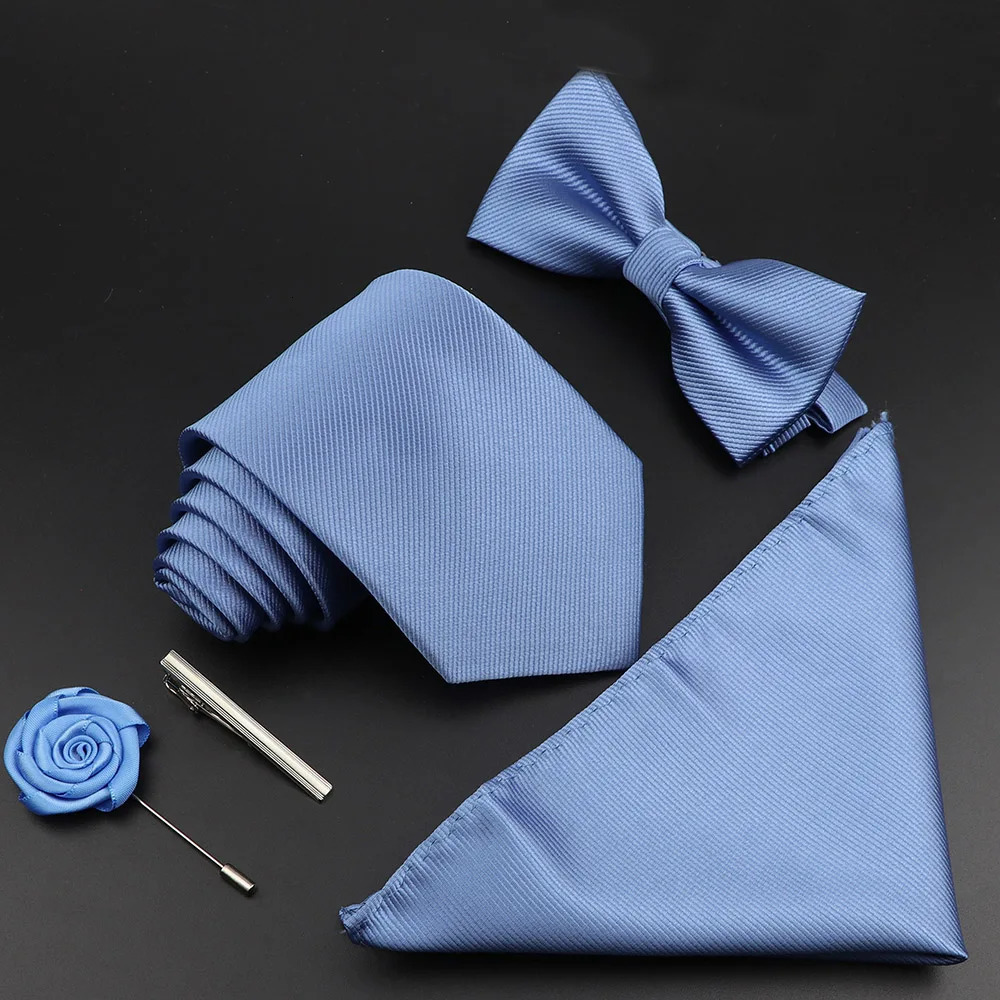 Solid Color Silk Men Tie Set Polyester Jacquard Woven Necktie Bowtie Suit Vintage Red Blue For Groom Business Wedding Party 250530