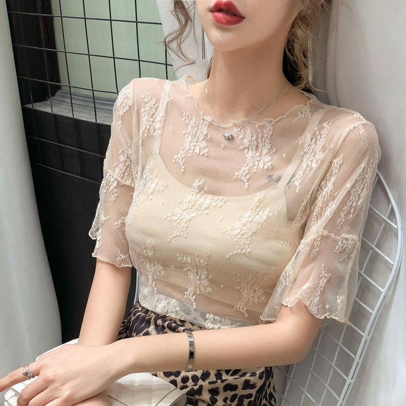 2025 new spring summer women's T-shirt new transparent sexy lace bottom shirt women's short sleeved T-shirt women's chiffon fabric fair