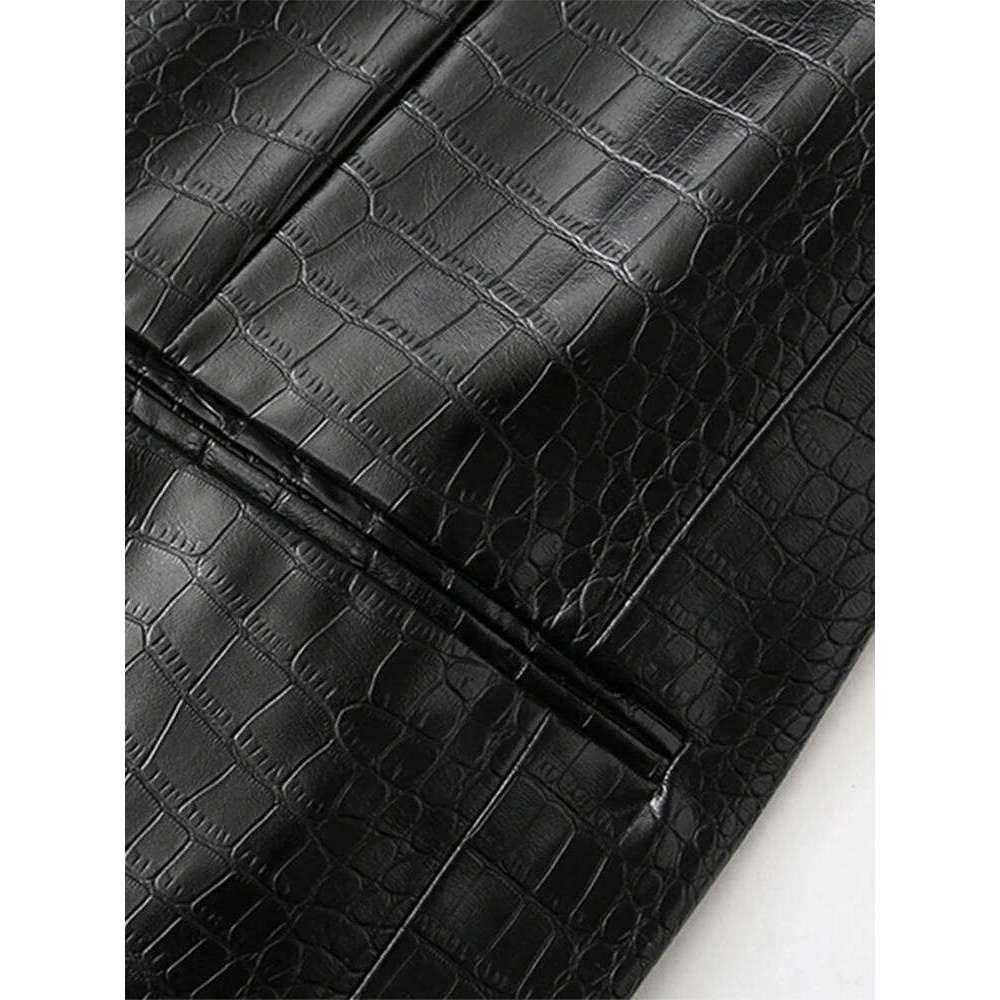Nerazzurri Spring Black Reflective Crocodile Print Leather Blazer Jacket for Women Long Sleeve Soft Loose Casual Korean Fashion