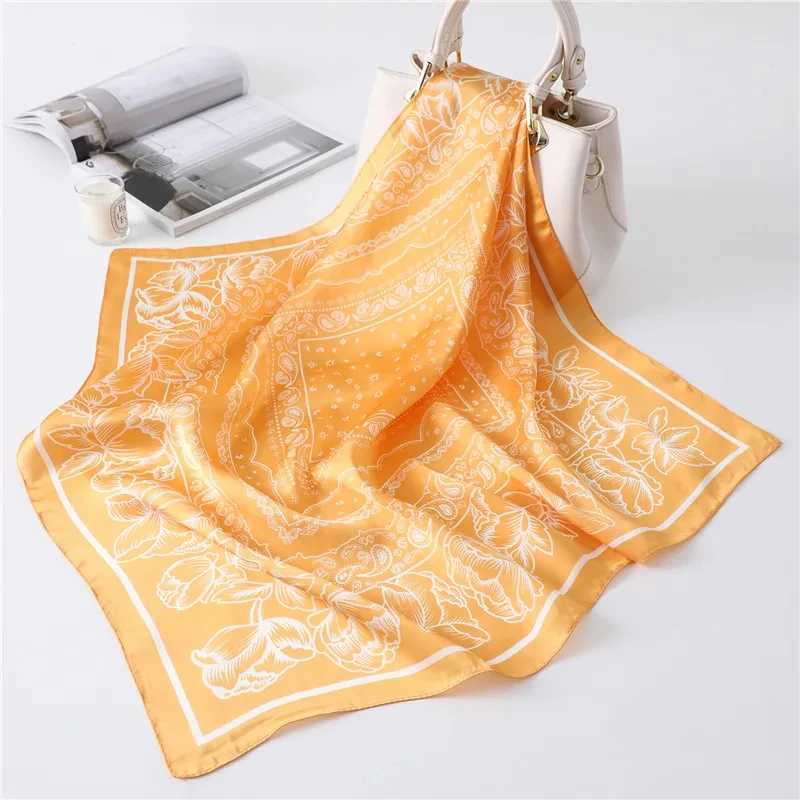 Luxury 2024 Floral Print Square Silk Scarf for Women Hijab Hair Bands 70cm Neckerchief Female Satin Shawl Ribbon Headband W250602