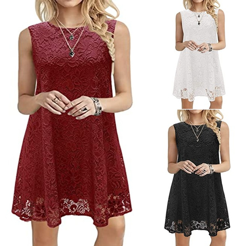 women's wear Summer New 2021 Women's Round Neck Sleeveless Lace Dress Women