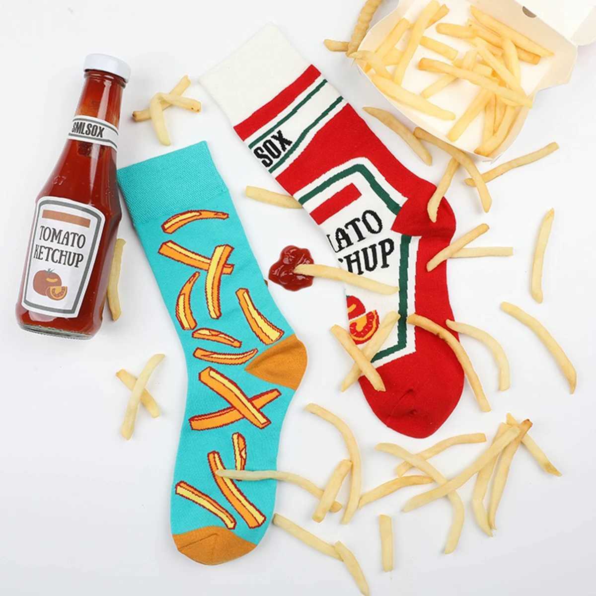 1 Pair Unisex Funny AB Style Tomato Ketchup French Fry Printed Mid-Calf Socks Suit In All SeasonsT250602