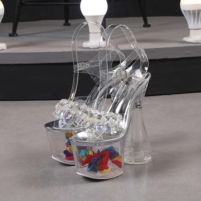 Super High Heels Nightclub Transparent Chunky Wine Glass Heel High Heels 18Cm Sandals With Rhinestones For Women Runway Platform High Heels