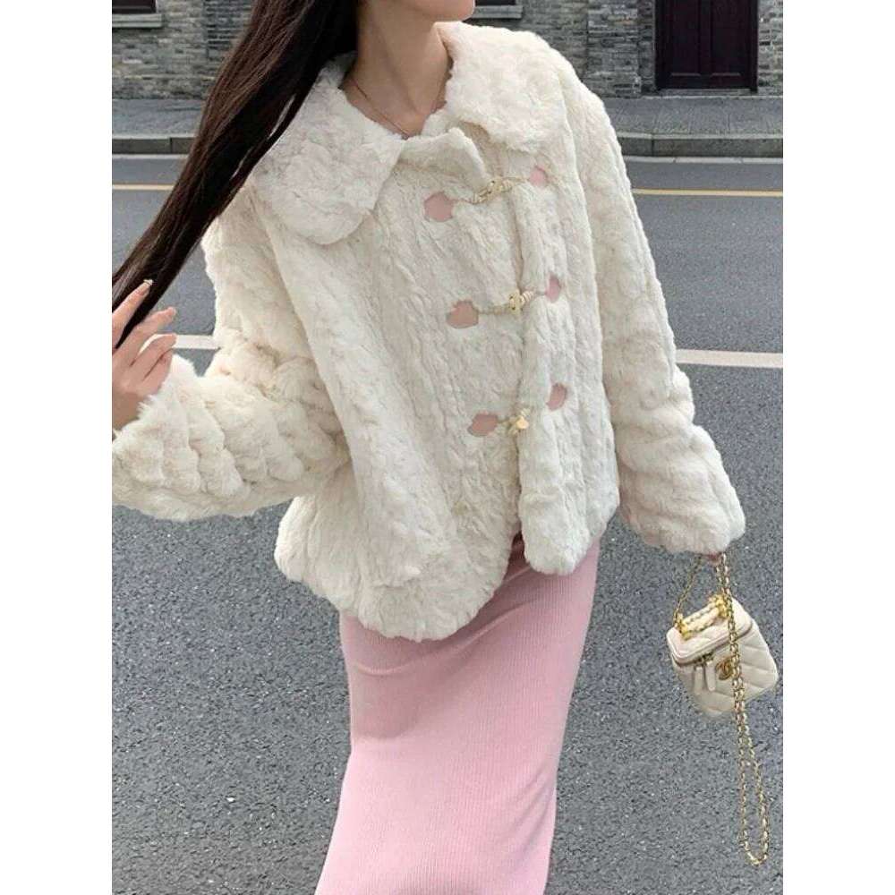 Sweet Pink Patchwork Faux Fur Jacket Loose Horn Button Thicken Coat Women's Winter Coats Plush Warm Outerwear Female Clothes