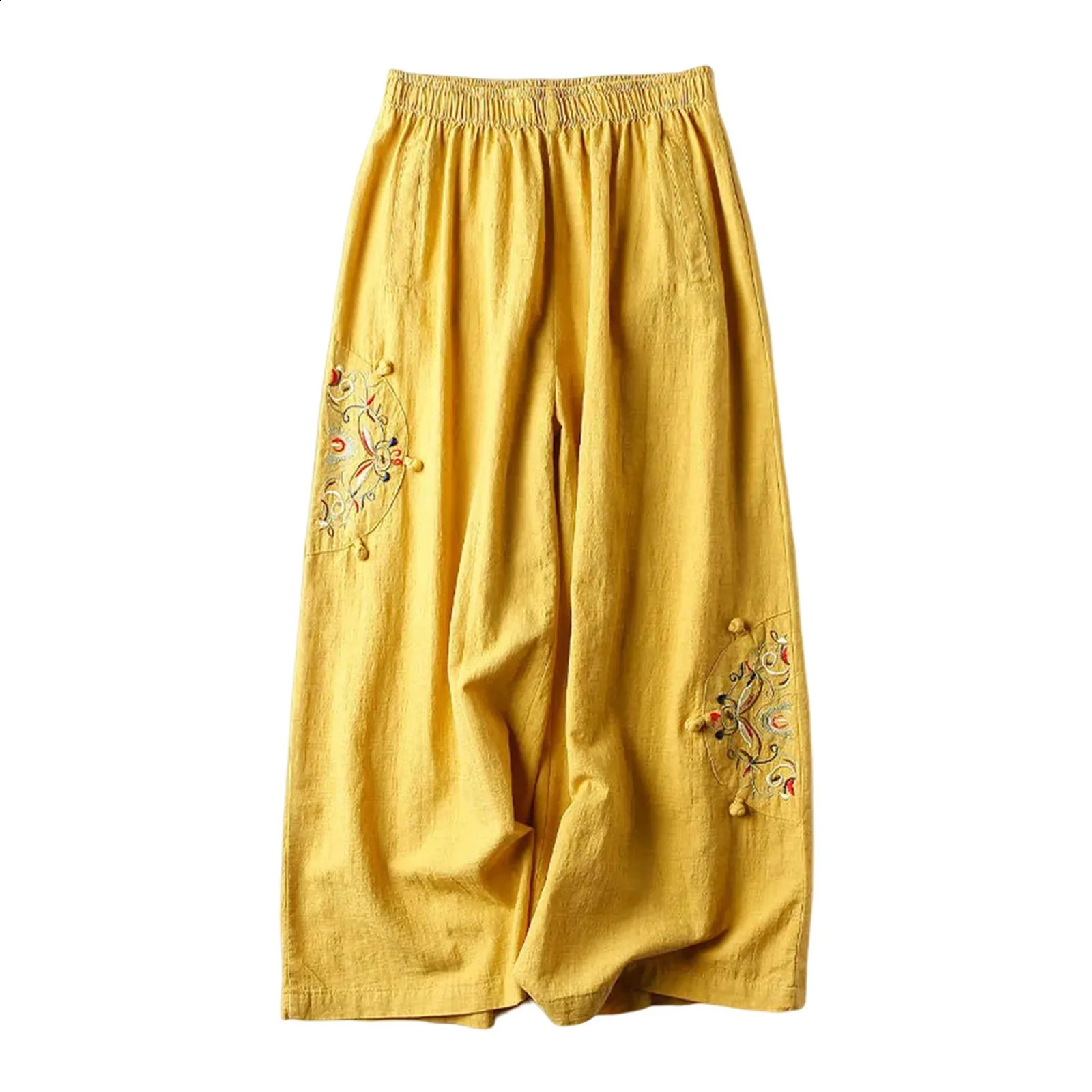 Womens Summer Linen Wide Leg Pants Loose Fit High Waist Straight Embroidered Casual Fashion Street Suit 250528