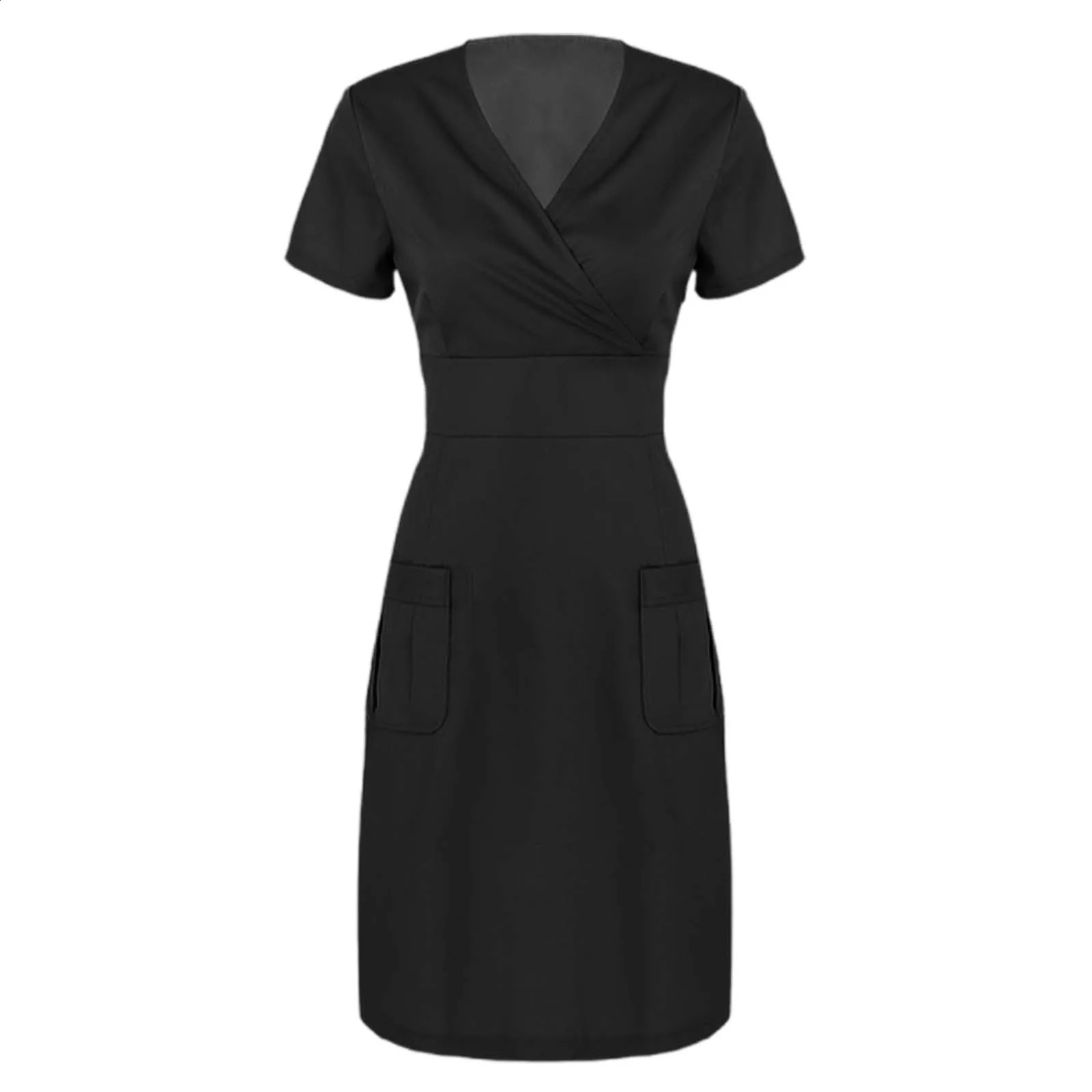 Nurse Uniform Women Working Black Dress Short Sleeve V Neck Pharmacy Nursing Scrubs Dress Women Beauty Salon Dresses 250519