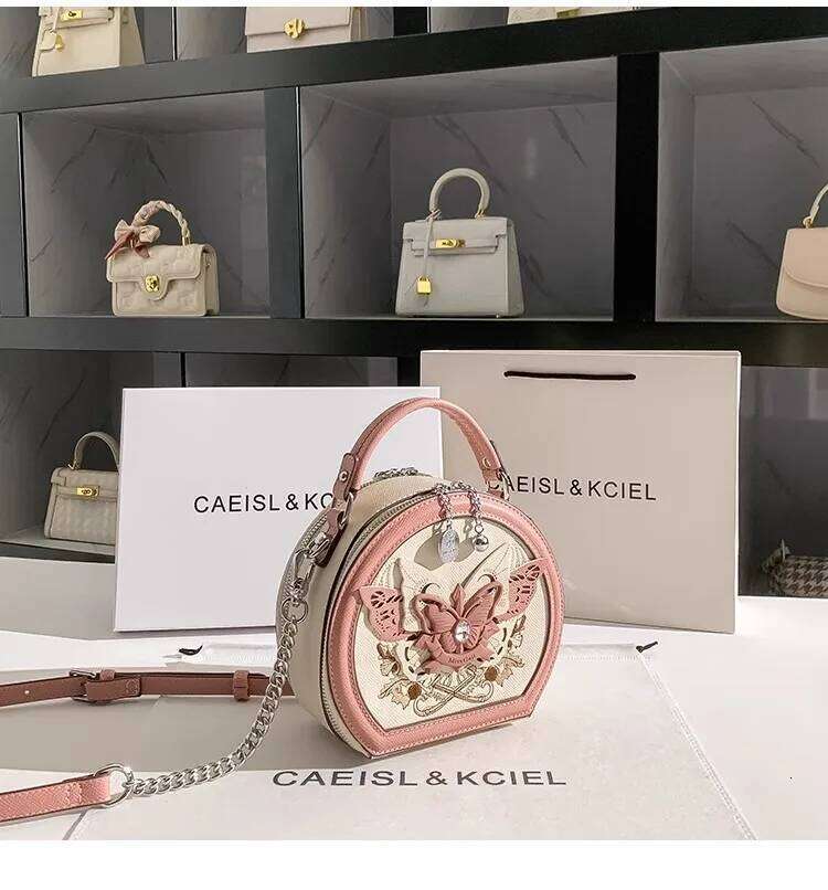 Fashion Pink Butterfly Circular High Quality Textured Leather Women Handbag Clutch Purse Shoulder Messenger Bag