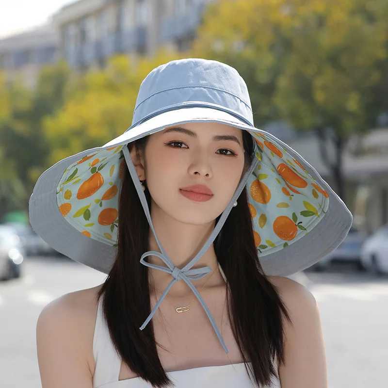 18CM Oversized Brim Face Covering Reversible Bucket Hat Womens Summer Korean Version Sunshade Sunscreen UV Protection Sun Hat W250602