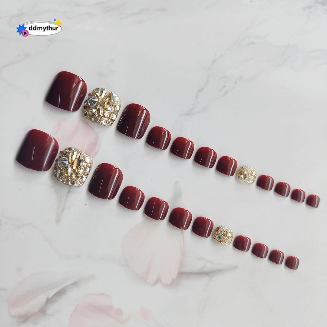 J-8 Cherry Rhinestone Wearable Nails Detachable Art Finished Flashing Handmade UV Gel Fake Toe Nail Stickers ddmythur