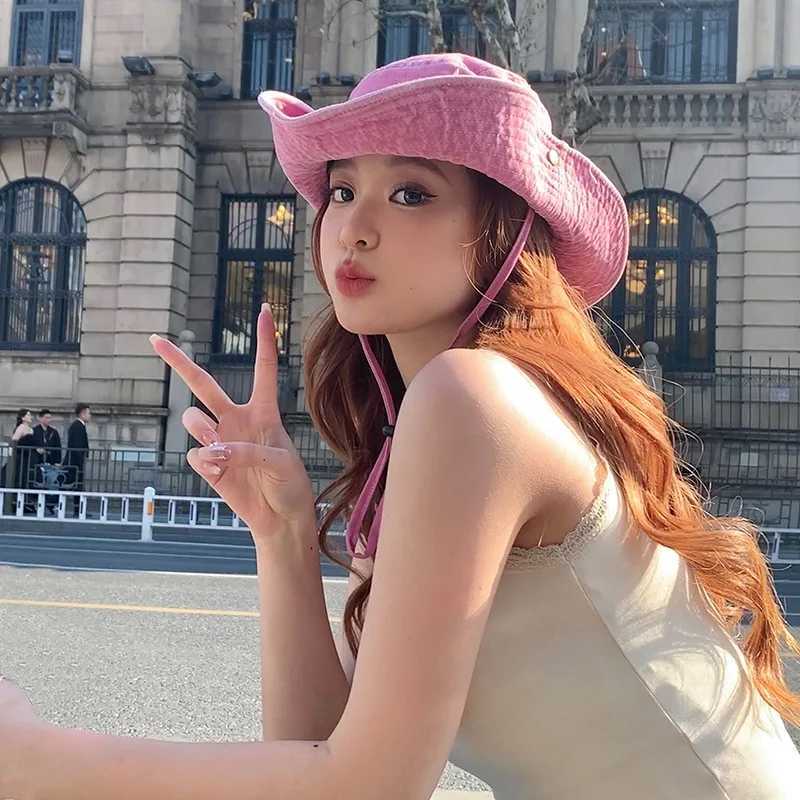 Cute Star Pink Bucket Hats for Women Summer Outdoor Camping Sunscreen Western Cowboy Hat Korean Versatile Hiking Caps for Men W250602