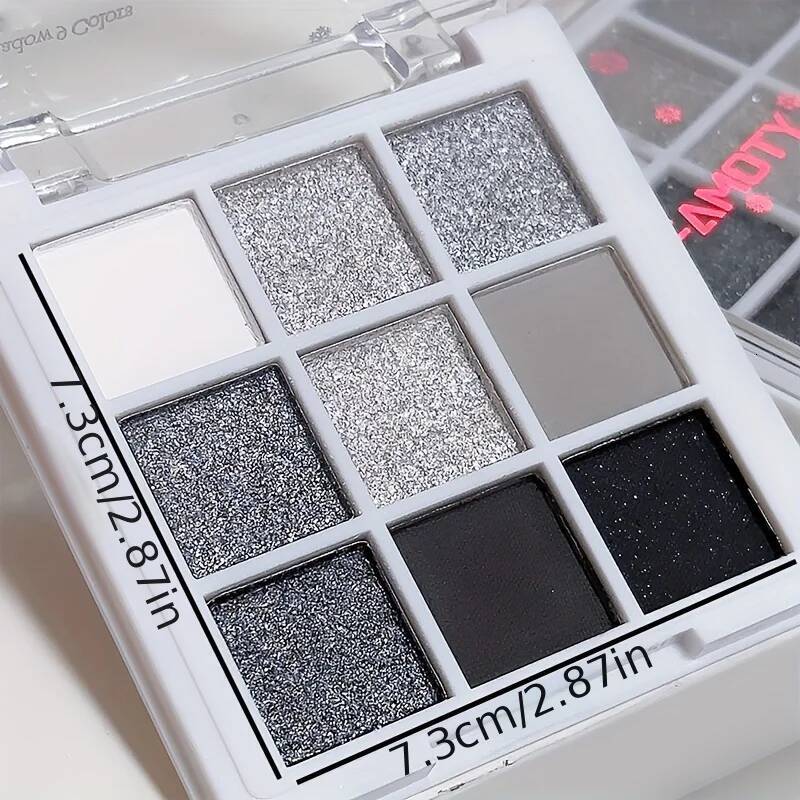 9 Colors Eyeshadow Palette, Dark Black Grey Siery Color Shimmer Matte Glitter Finish y Style