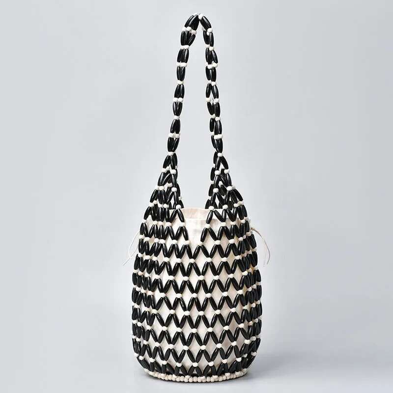 Women Woven Hand Exquisite Design Hollow-out Wooden Bead Tote Bucket Shoulder Bag Female Summer Beach Handbag