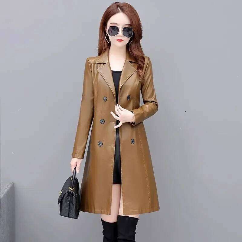 2024 Autumn Winter Chic Leather Jacket Women's Overcoat High-End Fashion Mid-Length Slim Korean Sheepskin Windbreakers Coat Tops