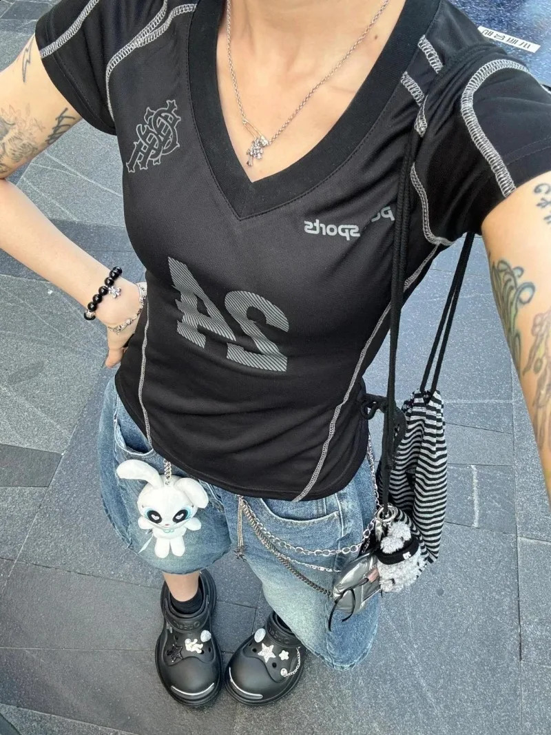 American Street Gothic Print Sports Short-sleeved T-shirt Women Y2K Retro Girl Stretch Slim Harajuku Fashion Casual Top 250529