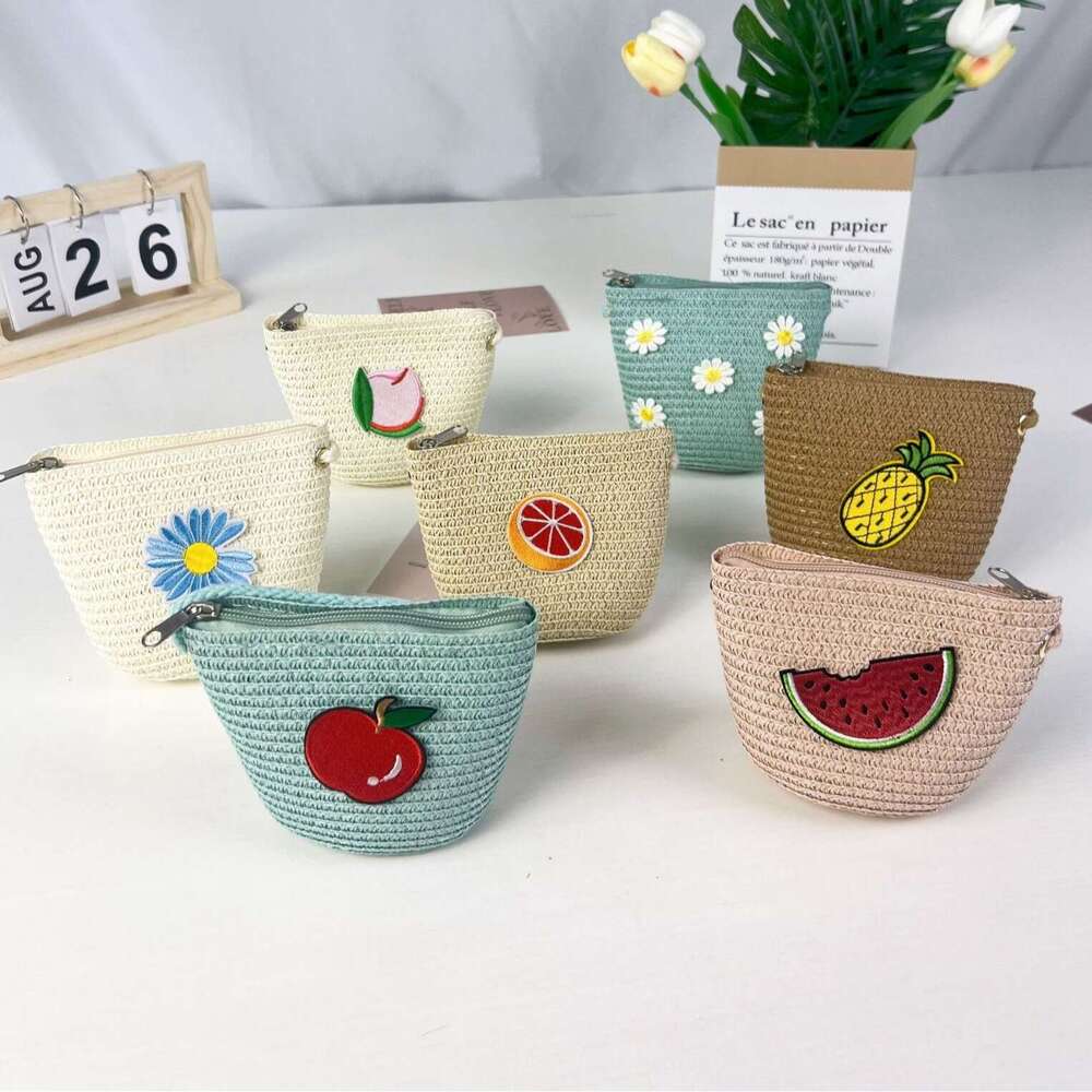 Children's Summer New Woven Cute Toddler Mini Crossbody Coin Purse Baby Fruit Straw Bag DIY