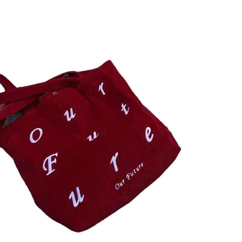 Bie Lai Wu Qiao New Red Corduroy Shoulder Versatile Large Capacity Embroidered Simple Tote Bag for Women