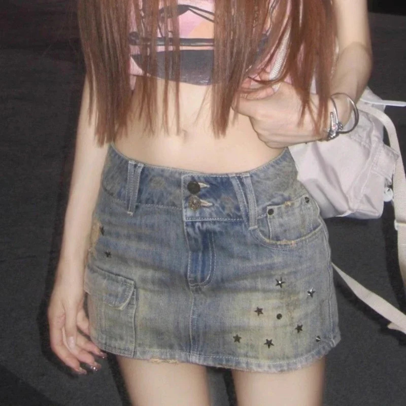 Deeptown Vintage Y2k Denim Skirt Women Sexy Harajuku Star Streetwear Mini Skirts A-line Retro Fashion Slim Up Casual Jeans Skirt 250603