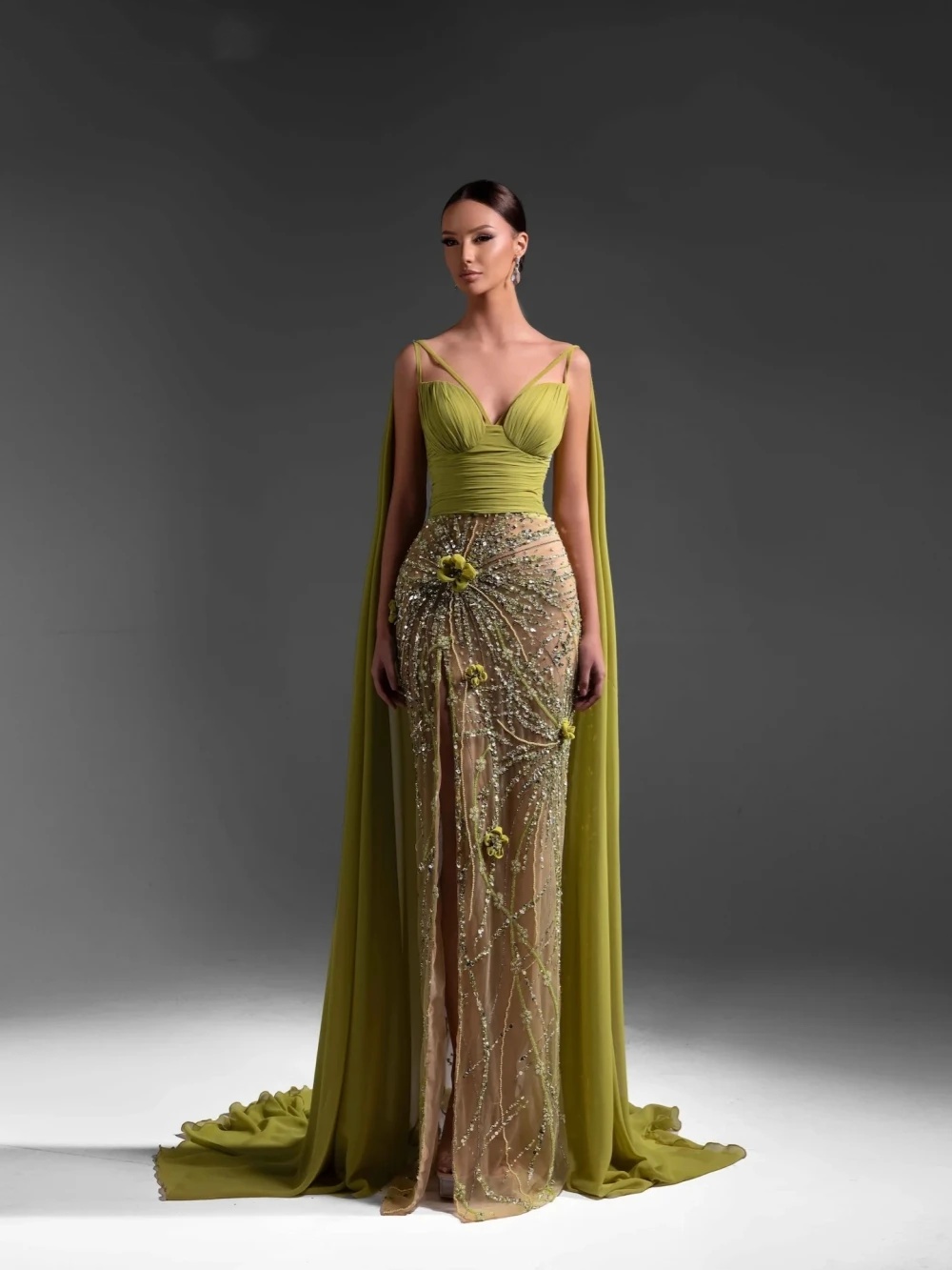 Modern Evening Dresses V Neck Sequins Prom Dress 3D Flowers Side Split Illusion Sleeveless See Through Mermaid Party Gowns Vestidos De Noche