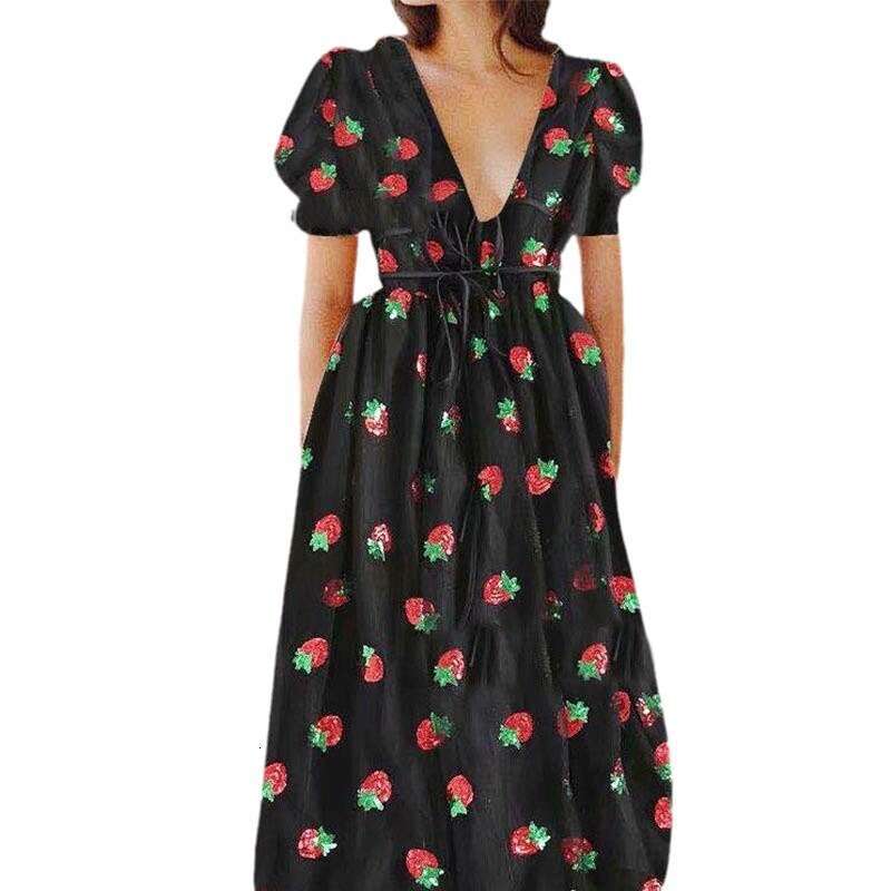 French Style Strawberry Four-Color Sequin Sweet Long Mesh Tie Slim Fashion Dress B5
