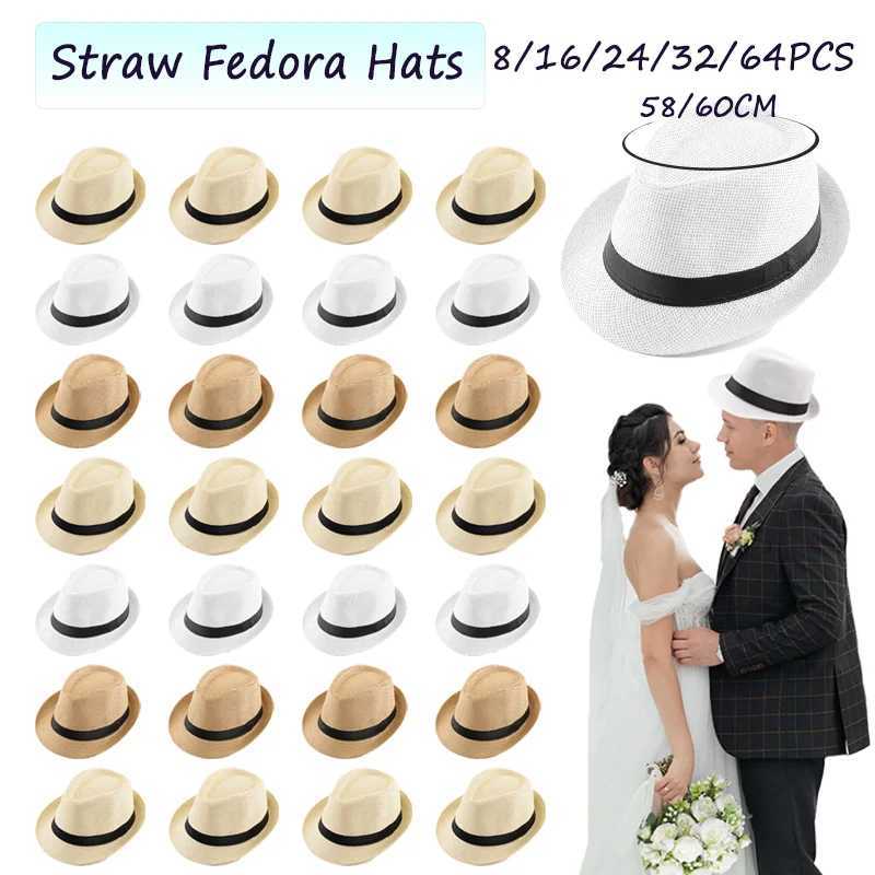 58/60cm Wedding Straw Fedora Hat for Men Women Trilby Hat Short Brim Panama Hat Beach Havana Party Favors Big Head Gentleman Cap W250602