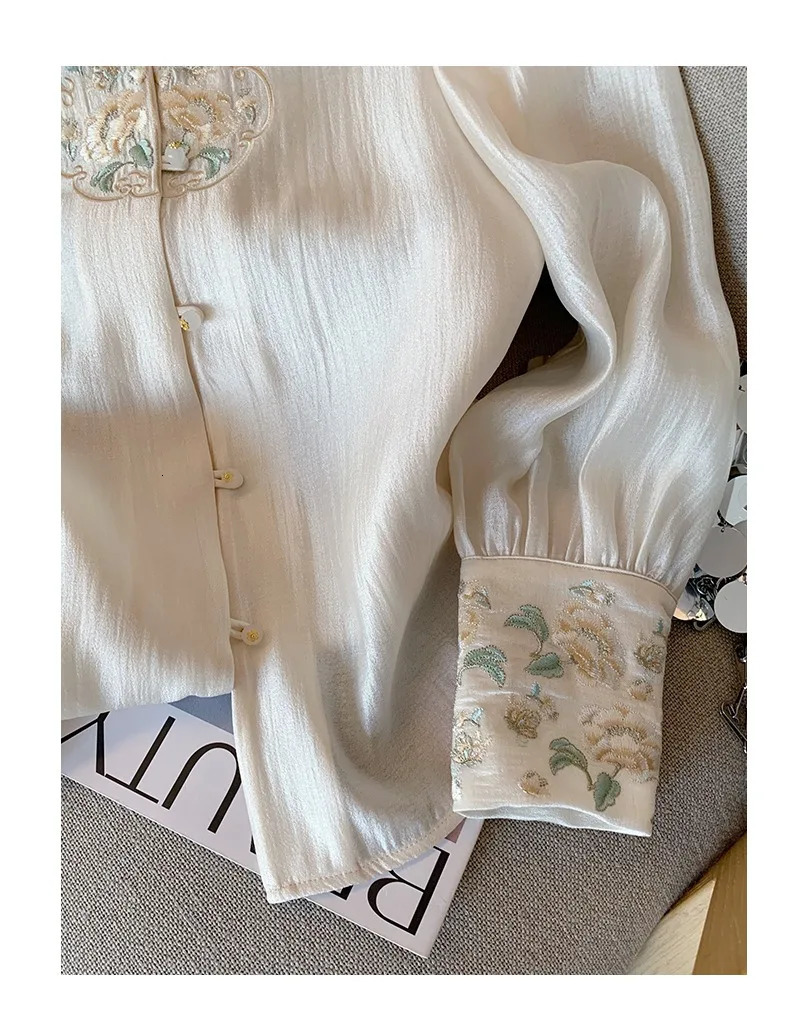 Satin Chinese Style Womens Shirt Embroidery Vintage Blouses Silk Fashion Clothing Loose Long Sleeves Women Tops 250603