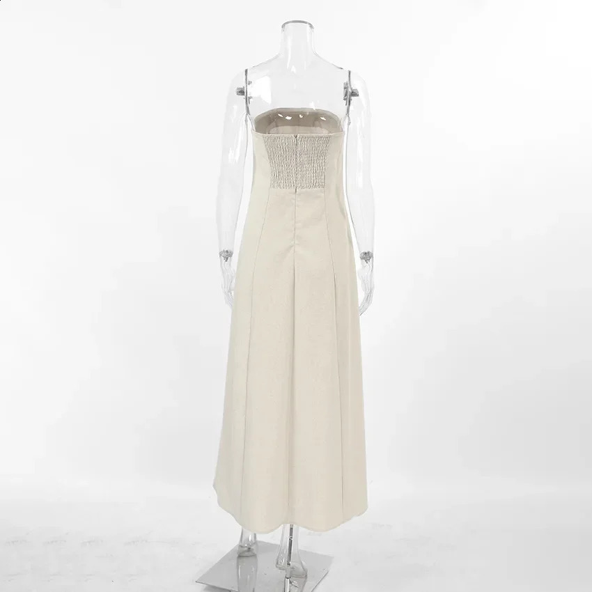 French Khaki Cotton Linen Strapless Holiday High Waisted Dress with Exposed Back Summer Long Dress for Women 250529