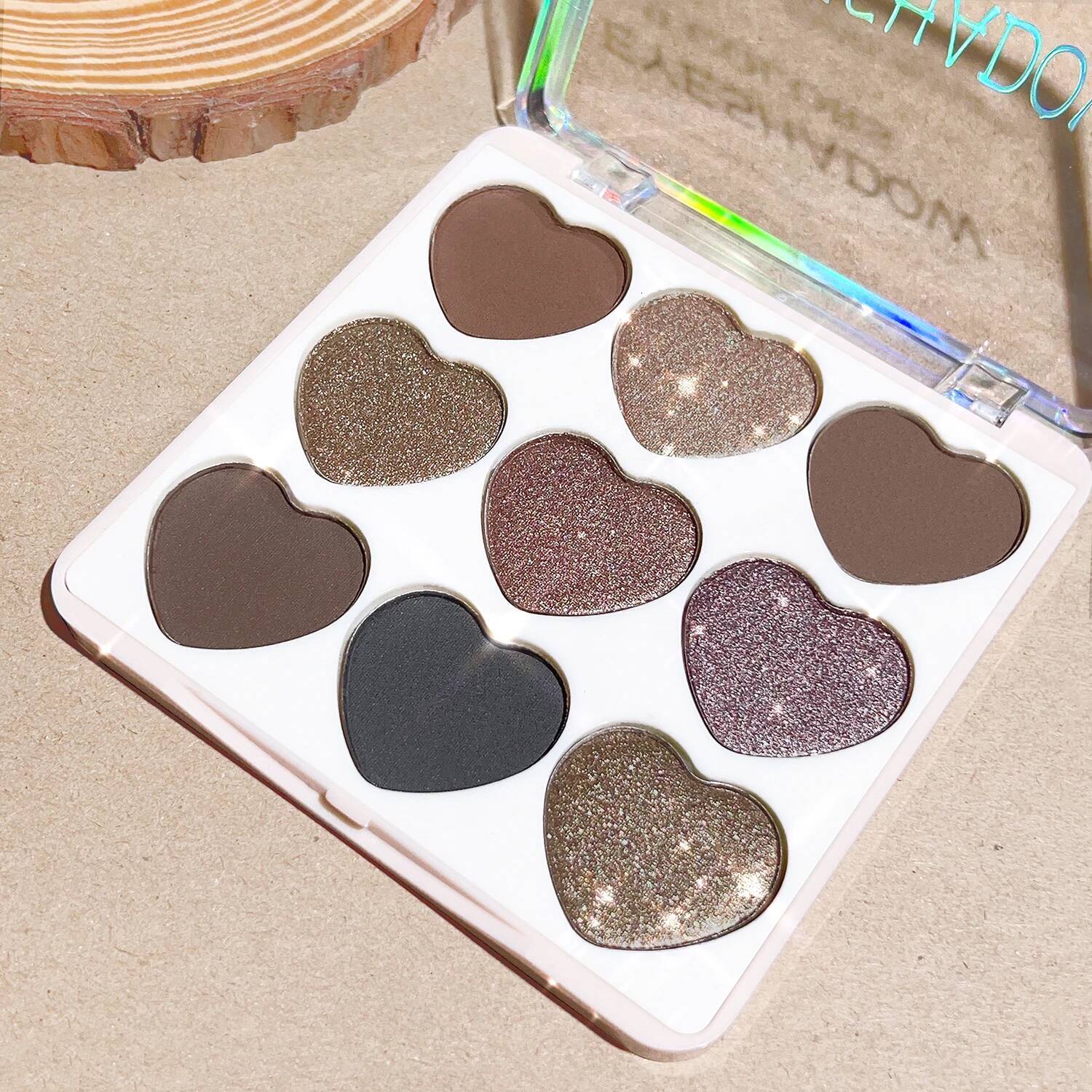 9 Colors Palette, Lovely Heart Shape, High Pigmented, Waterproof Eyeshadow Matte Glitter Pearly Finish Brown Grey Mult