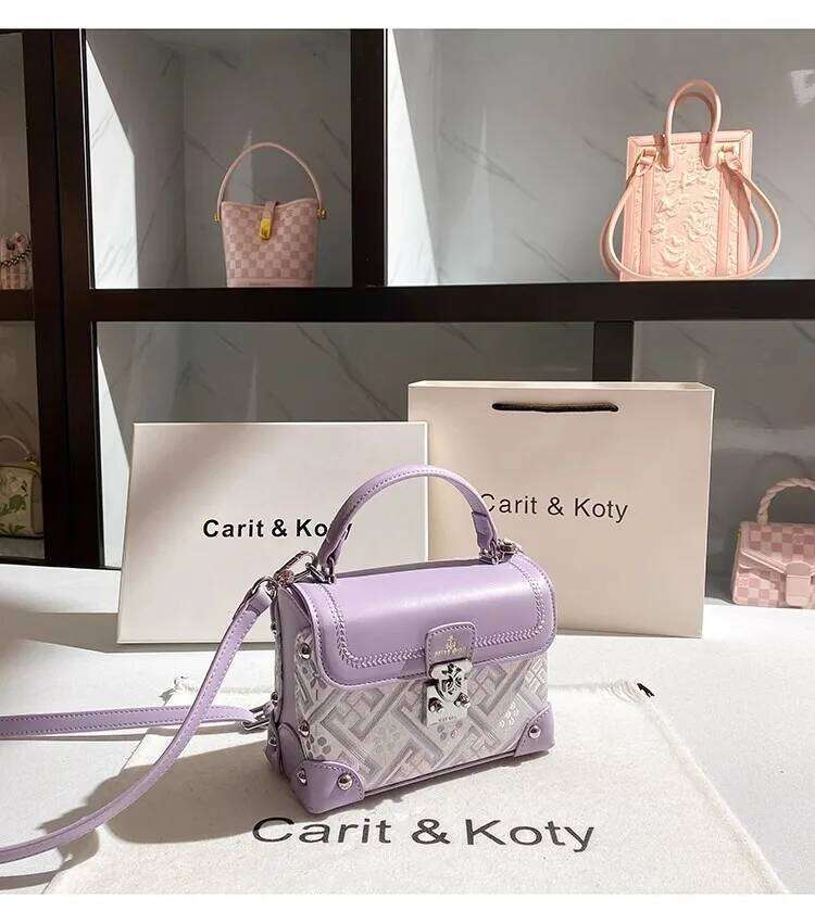 Fashion Purple Color Square Striped Women's Handbag High Quality Textured Leather Casual Lady Purse Crossbody Bag