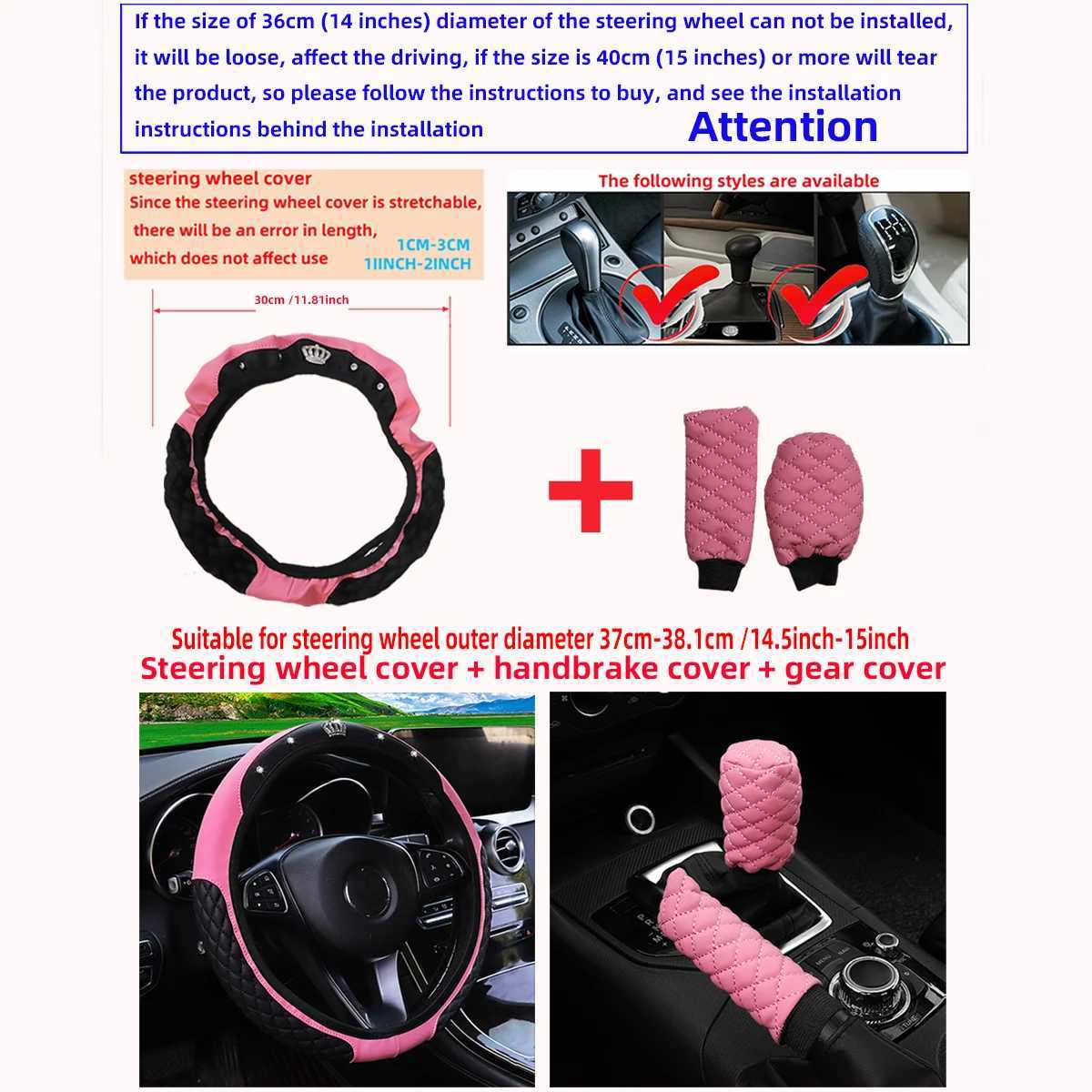 3-piece pu leather embroidered crown diamond car without inner ring steering wheel cover handbrake cover handle cover R250603